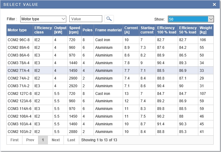 Some choices in a configurator are best done from a table